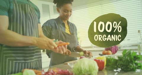 Diverse couple preparing 100% organic healthy meal in modern kitchen