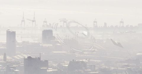 Featuring hazy port skyline with faint hud overlay from elevated viewpoint