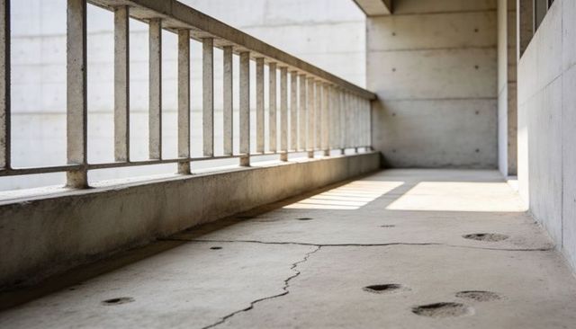 Sunlit cracked concrete corridor with metal balustrade casting long geometric shadows