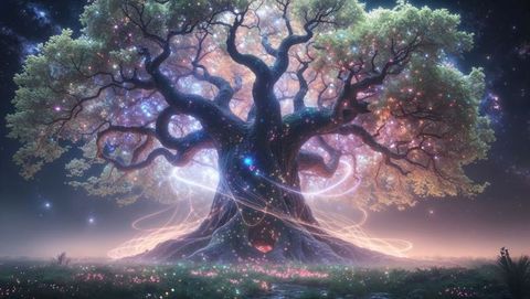 An enchanted scene featuring a mystical, luminescent dreaming tree radiating magic in a night landscape. Perfect for use in fantasy art projects, mystical storytelling, or design elements inspiring wonder and enchantment. Ideal for backgrounds in RPG games, book covers, or digital graphics conveying magical, otherworldly ambiance.