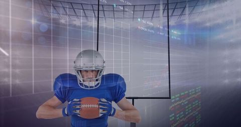American Football Player with Digital Data Graphics in Stadium