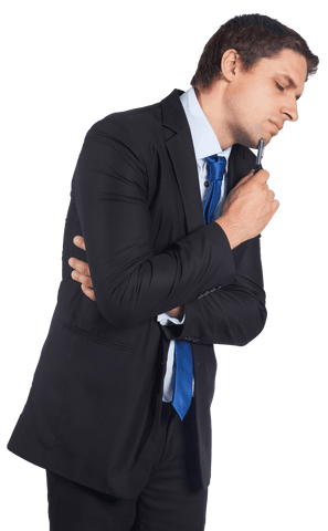 Transparent background of contemplating businessman in suit and tie