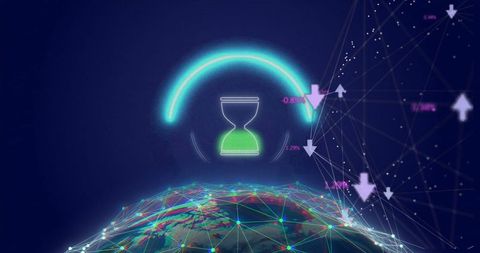 Hourglass Icon Over Digital Globe Connectivity Network