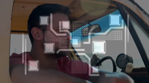Man in Vehicle with Digital Data Overlay Effect