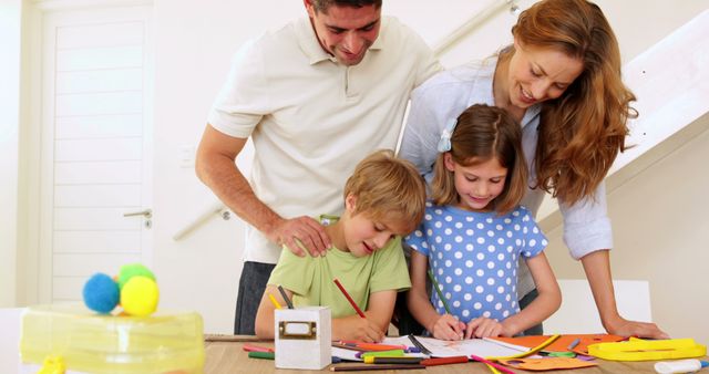 Happy Family Bonding while Drawing in Well-Lit Living Room - Download Free Stock Images Pikwizard.com