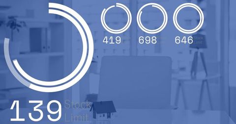 Office analytics dashboard displaying circular progress rings and house model on desk
