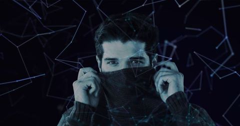 Man Concealing Face Amid Futuristic Digital Lines Concept