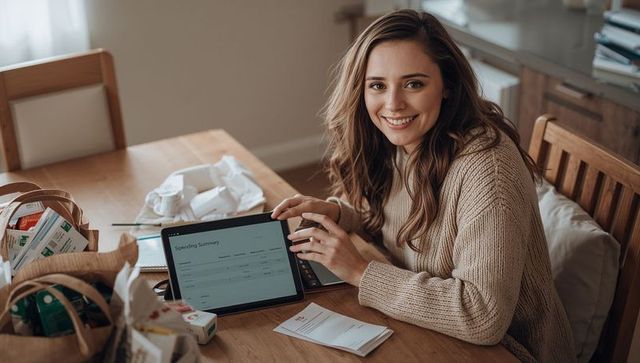 Smiling woman reviewing tablet spending summary while organizing receipts at dining table
