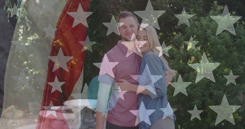 Patriotic Celebration: Happy Couple Embracing Amid Festive Decor