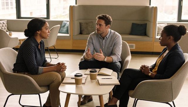 Facilitator Leading Small Team Discussion in Modern Office Lounge