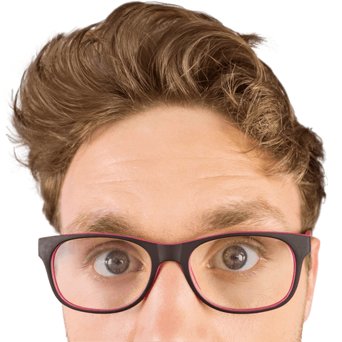 Playful Transparent Eyeglasses on Surprised Young Man