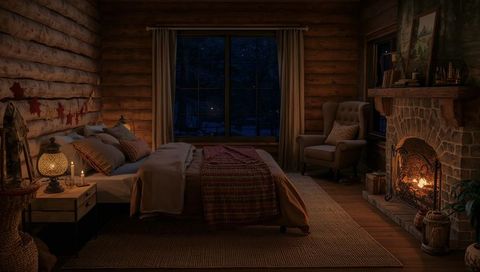 Lantern and fireplace bathing queen bed in cozy rustic log cabin bedroom at night