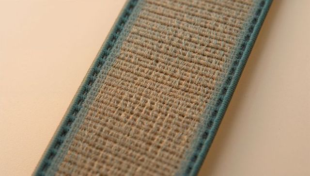 Natural jute webbing strap with teal stitched border closeup diagonal textile texture macro