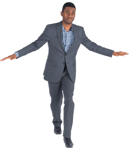 Businessman balancing with arms outstretched on transparent background