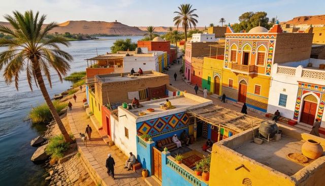 Colorful riverside village at golden hour with palm trees, rooftop terraces, local life