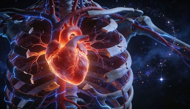Glowing anatomic heart floating in broken rib cage with electric vessels and cosmic backdrop