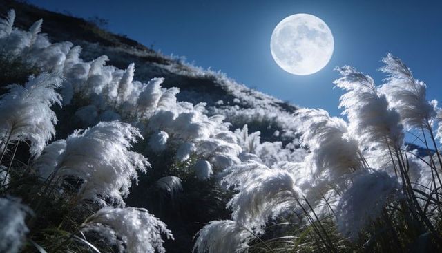 Moonlit pampas grass glowing on night hillside under full moon, shimmering silver plumes