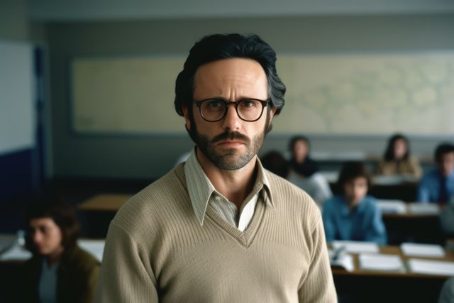 Middle-aged male teacher with glasses standing in classroom in front of students at desks. Perfect for educational content, learning institutions, teacher training materials, school advertisements, and academic resources.