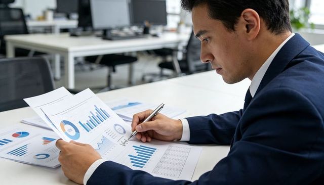 Businessman signing and reviewing financial reports with charts and graphs in modern office