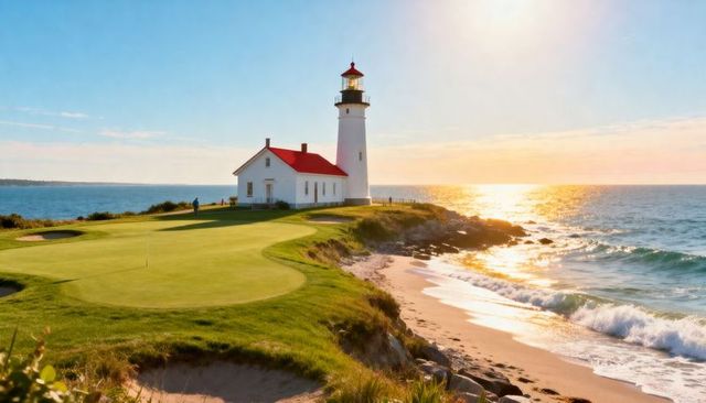 Golden hour lighthouse beside cliffside golf green with red-roof keeper's house and surf