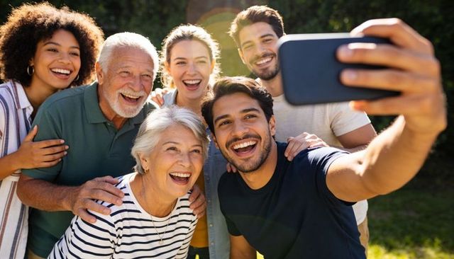 Multi-generational family taking joyful selfie in backyard with grandparents laughing