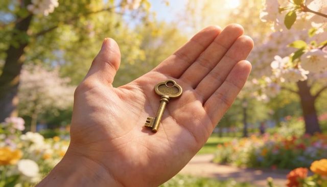Hand holding antique brass key in sunlit spring garden conveying new beginnings