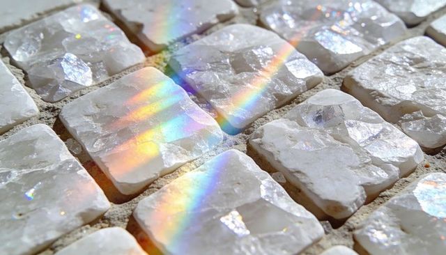 Iridescent white crystal mosaic tiles refracting rainbow light macro texture closeup