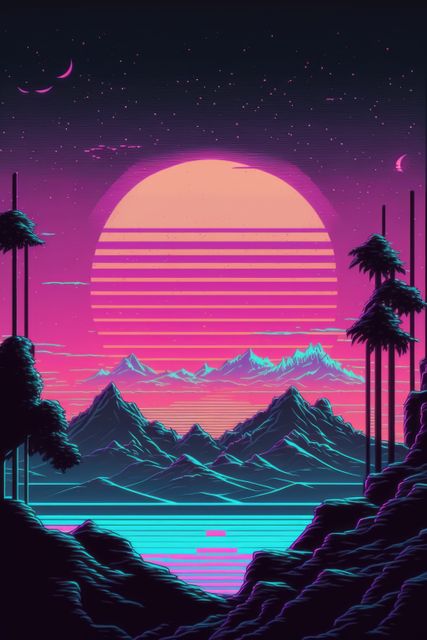 Pink and purple landscape with sun and palm trees, created using generative ai technology. Vaporwave background and colour concept digitally generated image.