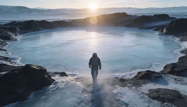 Lone explorer walking toward frozen crater at sunrise across vast arctic ice landscape