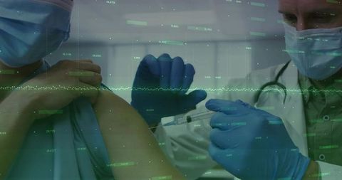 Doctor administering vaccine with medical data overlay