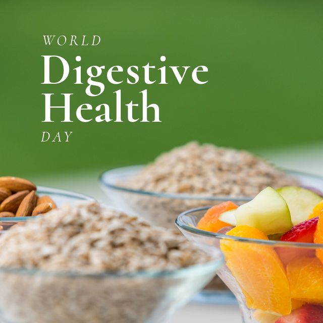 Digital composite of fresh healthy food in bowls with world digestive health day text. healthy eating and food concept.