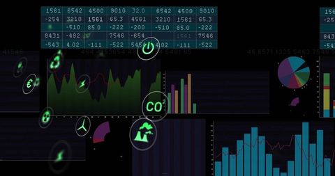 Dark analytics dashboard visualizing energy metrics, CO2 emissions and finance insights