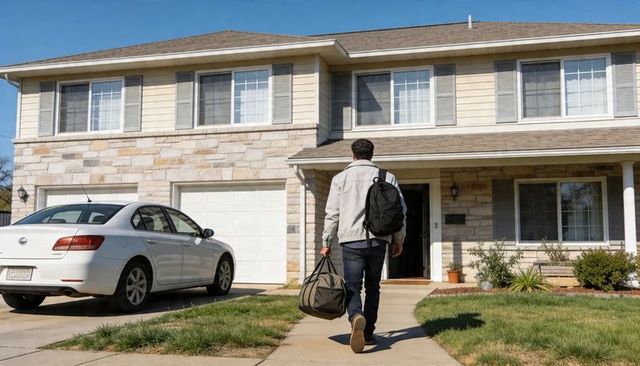 Young man walking toward suburban house carrying duffel and backpack