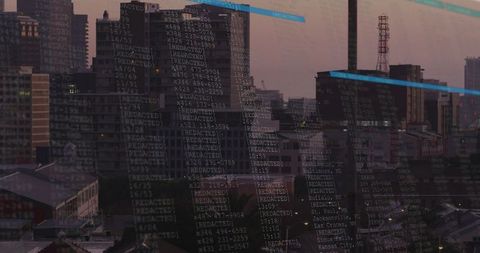 City skyline at dusk layering code and redacted data, evoking cybersecurity and smart city tech