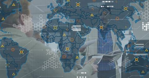 Team discussing global strategy with geospatial analytics and dashboard overlay