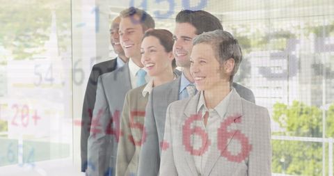 Diverse Professionals Smiling in Corporate Environment with Stock Market Overlay