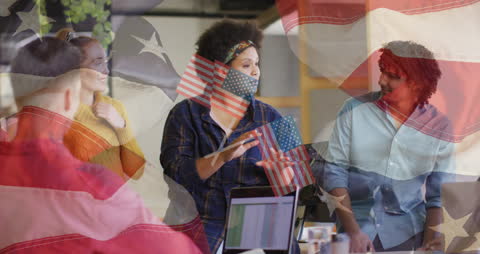 Diverse Business Team with USA Flag Overlay in Office Meeting