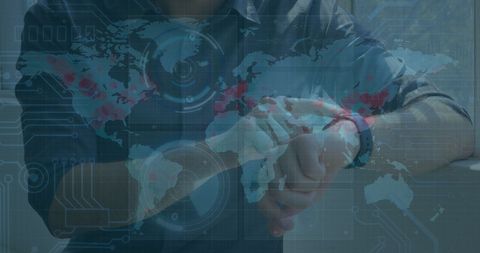 Caucasian Man Interacting with Futuristic Digital World Map Overlay - Download Free Stock Images Pikwizard.com
