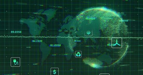 Global Telemetry Dashboard Showing Particle Globe, Geospatial Data Streams, Energy Icons