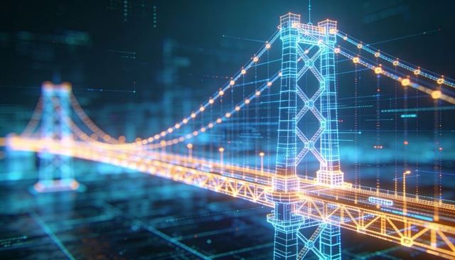 Futuristic Holographic Suspension Bridge Wireframe Highlighting Glowing Cable Nodes