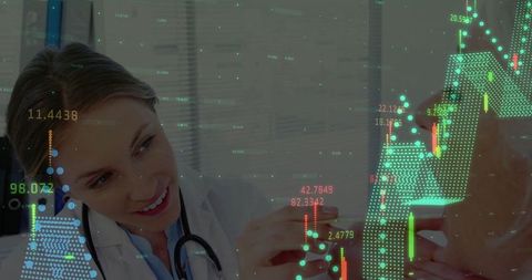 Doctor administering injection with financial chart overlays