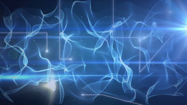 This abstract image features a blue mesh network with fluid and wavy patterns combined with a grid of illuminated lines. The digital aesthetic is ideal for representing modern technology, data processing, and global connectivity concepts. It can be used in presentations, websites, and marketing materials focused on networking, computing, and telecommunications.