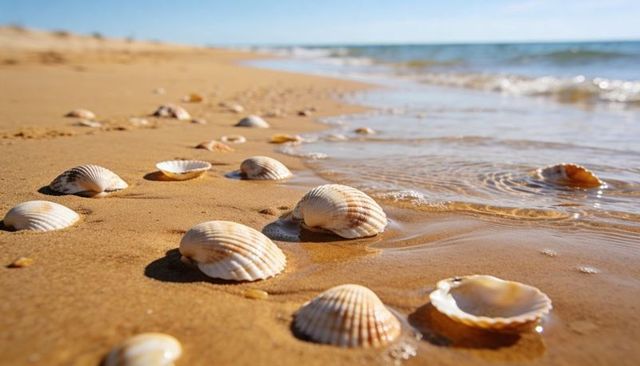 Sunlit scallop shells glinting on wet sand with tidal ripples and distant dunes