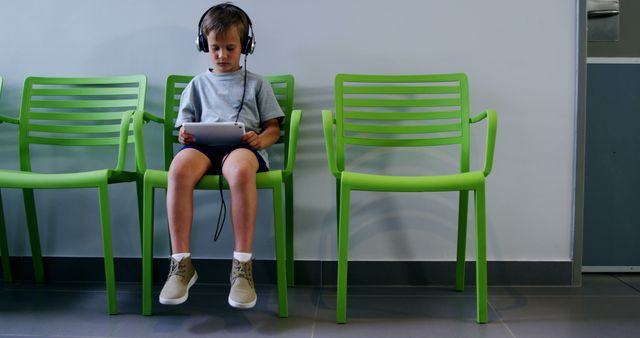 Young child seated on bright green chairs, wearing headphones, deeply engaged in using a tablet. Can be used to depict themes of modern technology, child development, and waiting spaces. Ideal for educational, technology-related, or family-focused content.