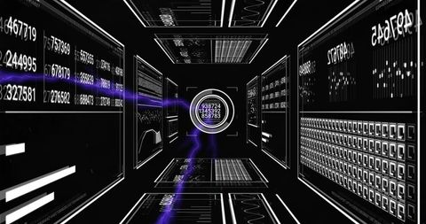 Purple Data Beam Converging on Holographic Hub in Futuristic Neon Data Tunnel and Dashboard Grid