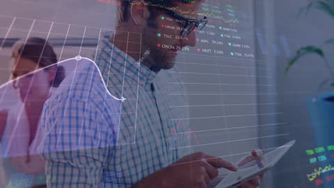 Caucasian Businessman Analyzing Financial Data with Tablet in Modern Office