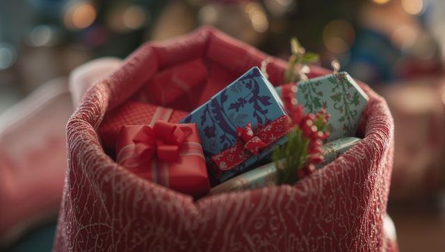 Festive Red Basket with Wrapped Holiday Gifts and Sprig Decoration