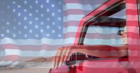 Patriotic American Road Trip with Joyful Woman on Beach