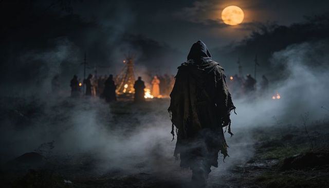 Moonlit ritual featuring solitary hooded figure walking through mist toward blazing pyre