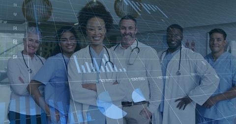 Medical Team with Analytics Overlay Highlighting Teamwork in Healthcare